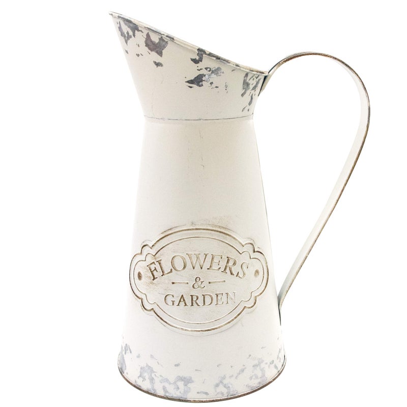 Soyizom Farmhouse White Metal Jugs for Shabby Chic Kitchen Decor, Tall Pitchers for Flowers, Rustic Bathroom Vases - Large, 11 H - Image 1